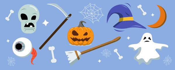 Flat design cartoon element. Vector icon and element collection for Helloween greeting card and poster, party sign. Concept illustration with Sign and symbol. 