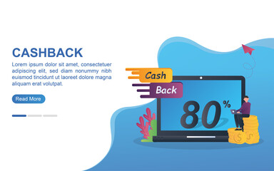 Illustration concept of cashback with people promoting cashback up to 80%.