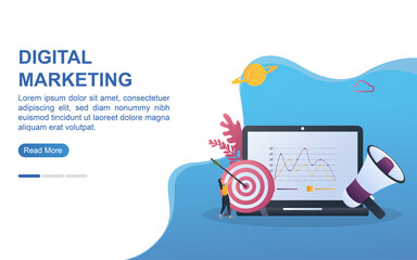 Illustration concept of digital marketing with the diagram on the screen and the person holding the target.
