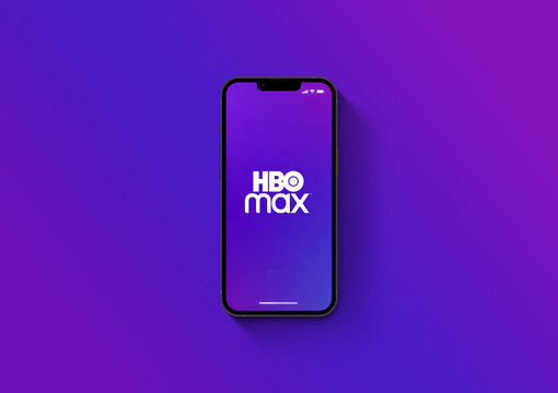 Hbo Max app on smartphone iPhone 13 Pro screen on blue background. Rio de Janeiro, RJ, Brazil. October 2021