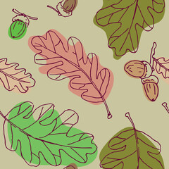 Colorful outline oak leaves and acorns in beige background. Seamless vector pattern