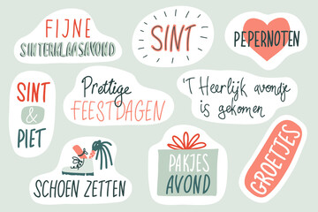Sinterklaas lettering sticker set. Patches, badges, prints for kids with Dutch quotes, doodles. Pepernoten, piet, pakjesavond, groetjes, prettige feestdagen, sint. Flat style illustrations