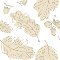 Beige oak outline leaves and acorns in white background. Seamless vector pattern