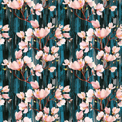hand drawn watercolor sakura pink flowers in vintage solid pattern on graphic turquoise, blue and black seamless background, for use in design, textiles, wrapping paper, stationery, wallpaper, summer