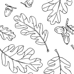 Black oak outline leaves and acorns in white background. Seamless vector pattern