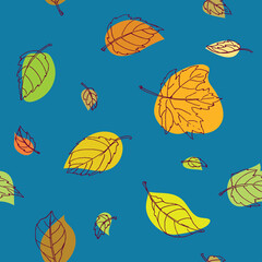 Colorful outline maple leaves in turquoise background. Seamless vector pattern