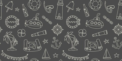 Nautical style seamless wallpaper with hand drawn elements in line art style