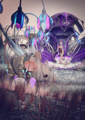 A 3d digital render of a fairy queen on a throne with a mushroom guard and a mouse sneaking up on them in the foreground.