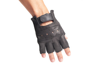 Hand in drivers male leather gloves isolated on a white