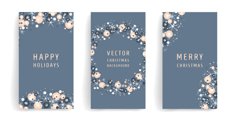 Stylish set of Christmas backgrounds. Christmas balls of soft powdery color on blue with small sparkling snowflakes. Suitable for banners, stories, advertisements, cards, covers and other designs