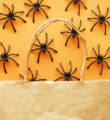 Halloween Sale offer. Paper bag and spider flat lay. Scary sale instagram post. Square size. Copy space