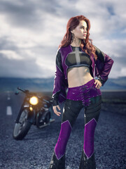 Fototapeta na wymiar A 3d digital render of a woman wearing purple leather standing in front of a vintage motorcycle on an long empty road in the country.
