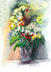 Impression watercolor illustration of  flowers and leaves in vase. Still life.