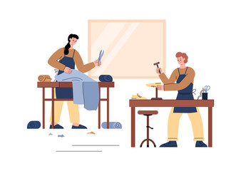 Fototapeta premium Shoe making workshop in flat vector illustration isolated on white.