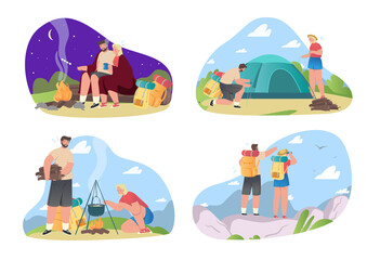 Couple camping set. Man and woman went hiking in nature. Husband and wife make fire, put up tent and climb mountain. Tourism in forest. Cartoon flat vector collection isolated on white background
