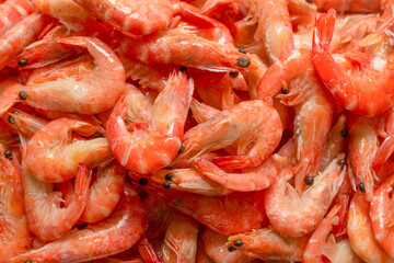 Shrimps background texture. A lot of shrimps. Cooked shrimps.