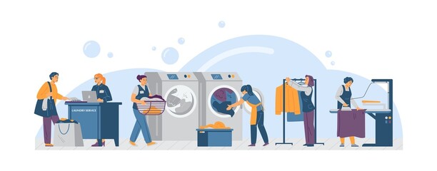 Professional laundry workers washing and ironing, vector illustration isolated.