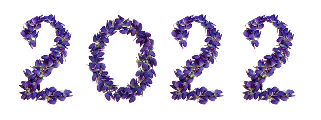 2022 from fresh flower petals. Concept New Years Christmas Numbers Isolated White Background