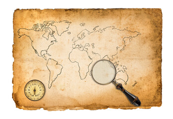 Old map with compass and magnifying glass