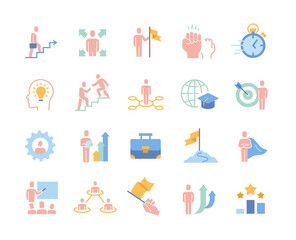 Colorful business icons. Collection of stickers with entrepreneurs, partners, business coaches, commitment. Design elements for websites and app. Cartoon flat vector set isolated on white background