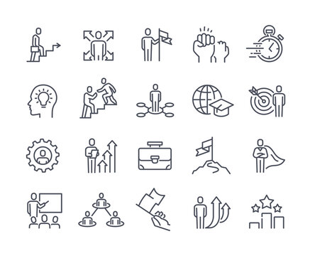 Business Coach icon collection. Company development, achievement of goal, realization of ambitions. Design elements for website and social network. Cartoon flat vector set isolated on white background