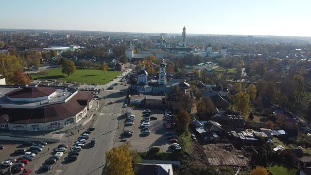 Sergiev Posad, Russia - 08 October 2021: Autumn view of the Holy Trinity Lavra of St. Sergius from a bird's eye view