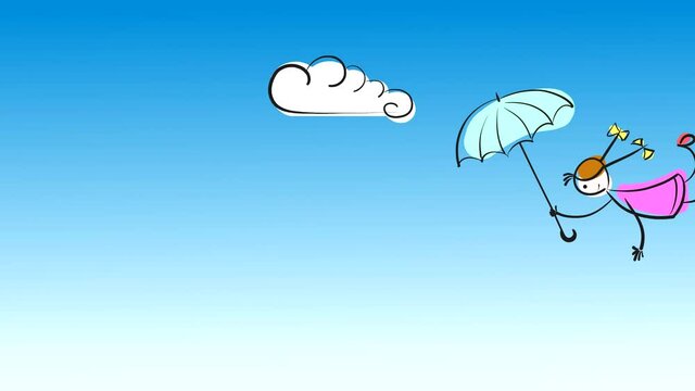 A girl with an umbrella flies against a blue sky with white clouds. Looped animation of the drawn character in the style of grandfather's drawing. High resolution 4K cartoon.