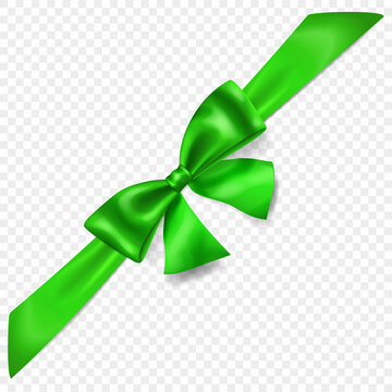 Beautiful green bow with diagonally ribbon with shadow, isolated on transparent background. Transparency only in vector format