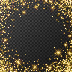 Golden glitter sparkle on a transparent background. Colorful Vibrant background with twinkle lights