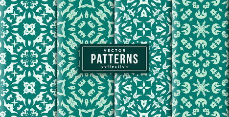 pattern ornament style green and white colors set of four. seamless background set