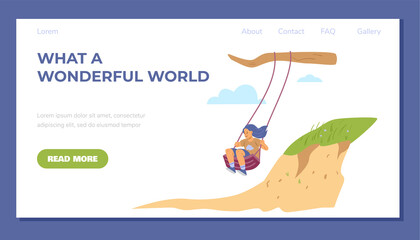 Web banner with cute girl sitting on swing in flat vector illustration