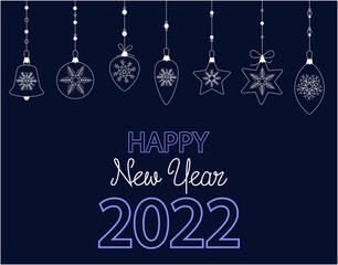 A banner with Christmas decorations isolated on a dark blue background. Festive with hanging balloons and ribbons. Happy New Year 2022.
