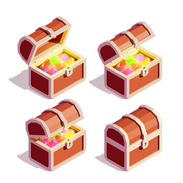 Open and Closed Treasure Chests Full of Colorful Gemstones. Isometric Vector Illustration