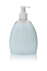 Plastic transparent bottle with a dispenser filled with liquid soap or shampoo. Isolated on a white background with reflection