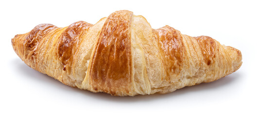 Tasty crusty croissant close-up on a white background.