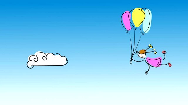 A girl with balloons flies against a blue sky with white clouds. Looped animation of the drawn character in the style of grandfather's drawing. High resolution 4K cartoon.