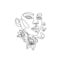 Woman with Flower line art, Botanical Print, Boho Print, Modern Minimalist Female, One Line Drawing, Flower Line Drawing, 