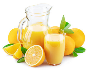 Yellow orange fruits and fresh orange juice isolated on white background.