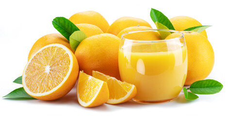Yellow orange fruits and glass of fresh orange juice isolated on white background.