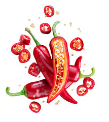 Fresh red chilli peppers and cross sections of chilli pepper with seeds floating in the air. File contains clipping paths. - obrazy, fototapety, plakaty
