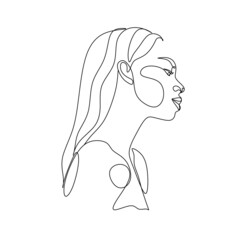 Abstract Line Illustration, Minimal Face Drawing In Lines. Fashion Sketch. Drawn Female Portrait, Minimalist Woman Art.