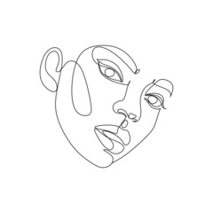 Abstract Line Illustration, Minimal Face Drawing In Lines. Fashion Sketch. Drawn Female Portrait, Minimalist Woman Art.