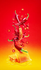 Fresh red chilli pepper and sections of chilli pepper floating over honeycombs and honey puddle isolated on red background.