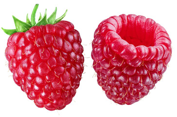 Two perfect red-fruited raspberries on white background. File contains clipping path.