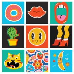 Big Set of Different colored Vector illustartion posters in Cartoon Flat design. Hand drawn Abstract shapes, funny Comic characters.