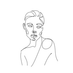 Abstract Line Illustration, Minimal Face Drawing In Lines. Fashion Sketch. Drawn Female Portrait, Minimalist Woman Art.