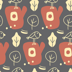 Vector autumn seamless pattern  on a grey background. Autumn leaves, branches, birds and birdhouses in  brown, and yellow. Flat and doodle. Suitable for cards,  paper and others