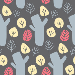 Vector autumn seamless pattern  on a grey background. Autumn leaves, branches and trees in red, blue and yellow. Flat and doodle. Suitable for cards,  paper and others