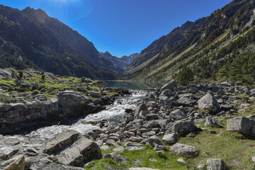 Fototapeta na wymiar Cauterets, France - 10 Oct 2021: Turqoise waters of the Lac de Gaube in the Pyrenees National Park
