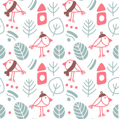 Vector autumn seamless pattern  on a light background. Autumn leaves, birds, birdhouses and small elements in  brown, mint and red. Flat and doodle. Suitable for cards,  paper and others